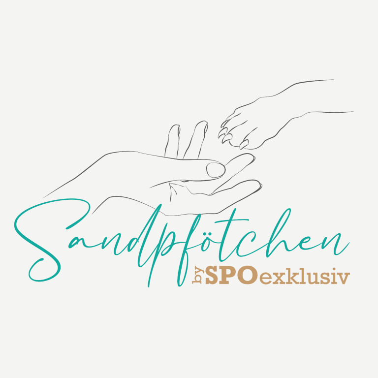 Sandpfötchen Hände, die sich berühren, mit dem Schriftzug "Sandpfötchen" und "SPO exklusiv".